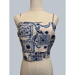Paper Crane Mediterranean Blue White Crop Top Smocked Back Folk Coastal Size M